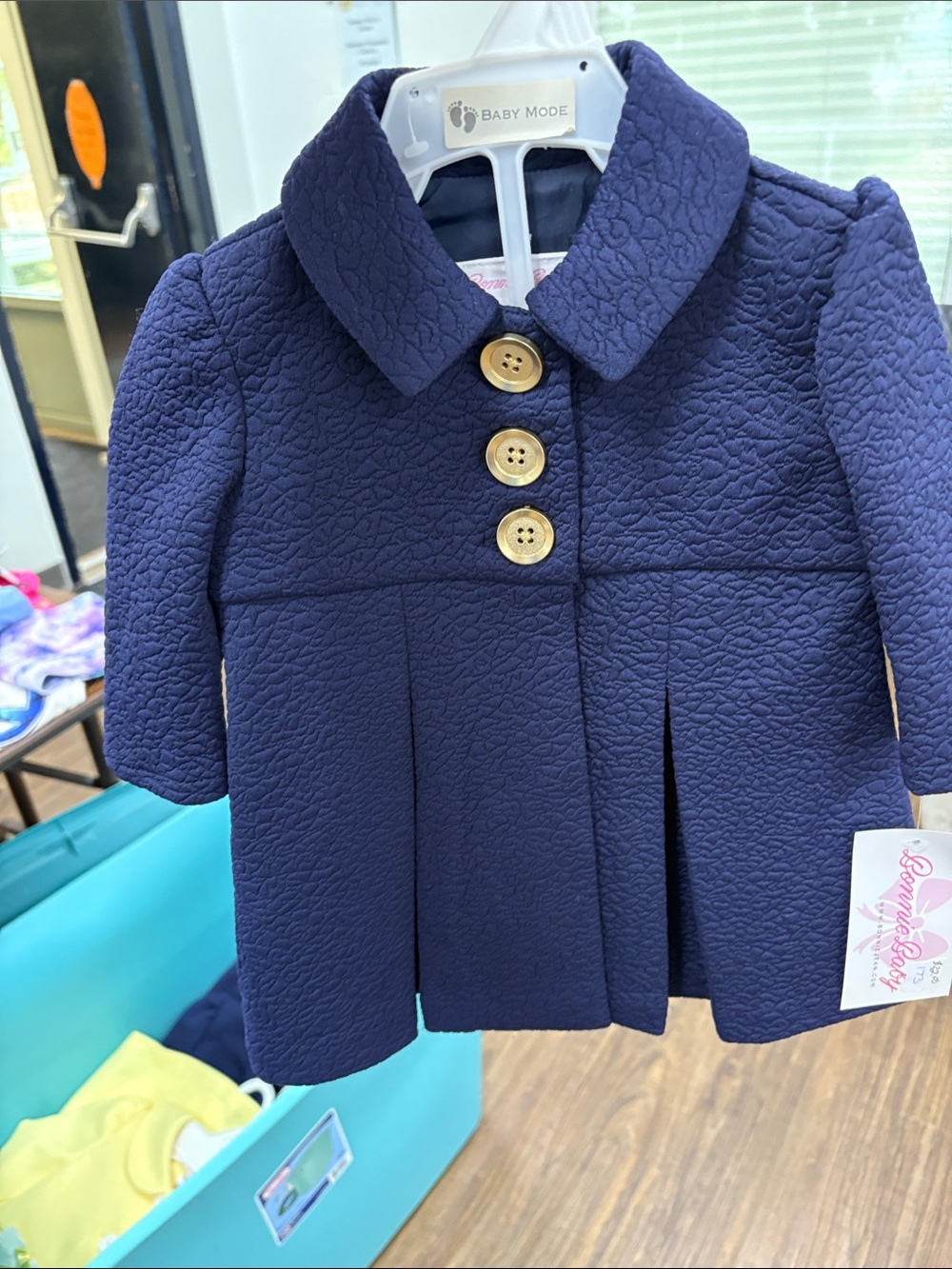 Bonnie Baby Navy Quilted Pea Coat with Wood Buttons